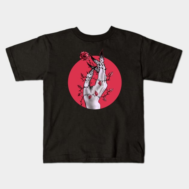 Creepy Deformed Hand With Rose And Thorns Gothic Art Kids T-Shirt by Boriana Giormova